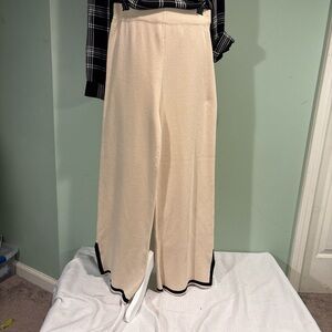 Cream Wide-Leg Pants with Black Trim elastic waist size s/m NWOT